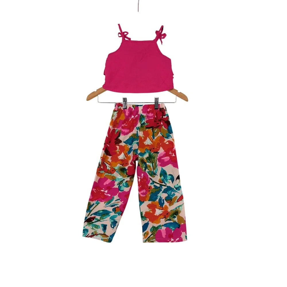 SHEIN Girls 2PC Set Hot Pink Ruffle Cami Top and Floral Wide Leg Pants Size 4Y